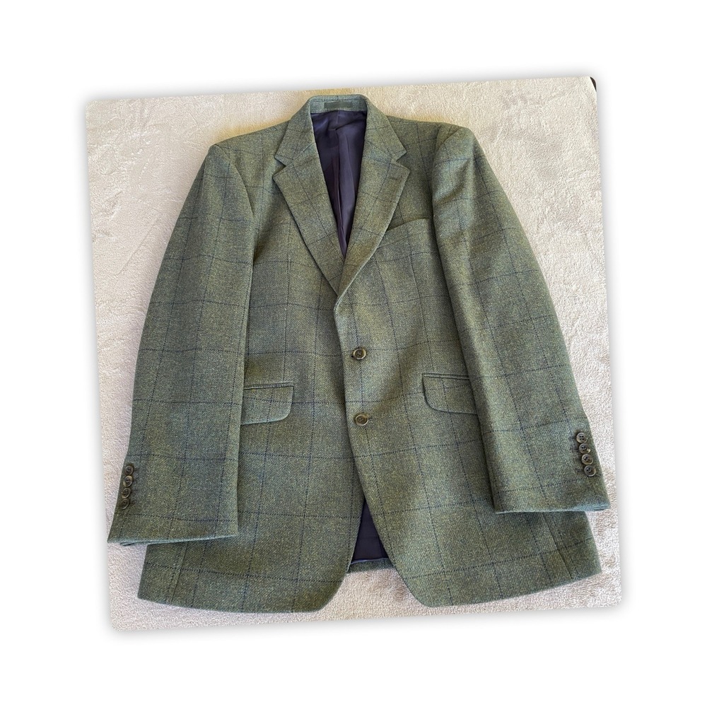 Joseph Turner 42L Pure Wool Sport Coat Blazer Green Windowpane Tweed Jacket